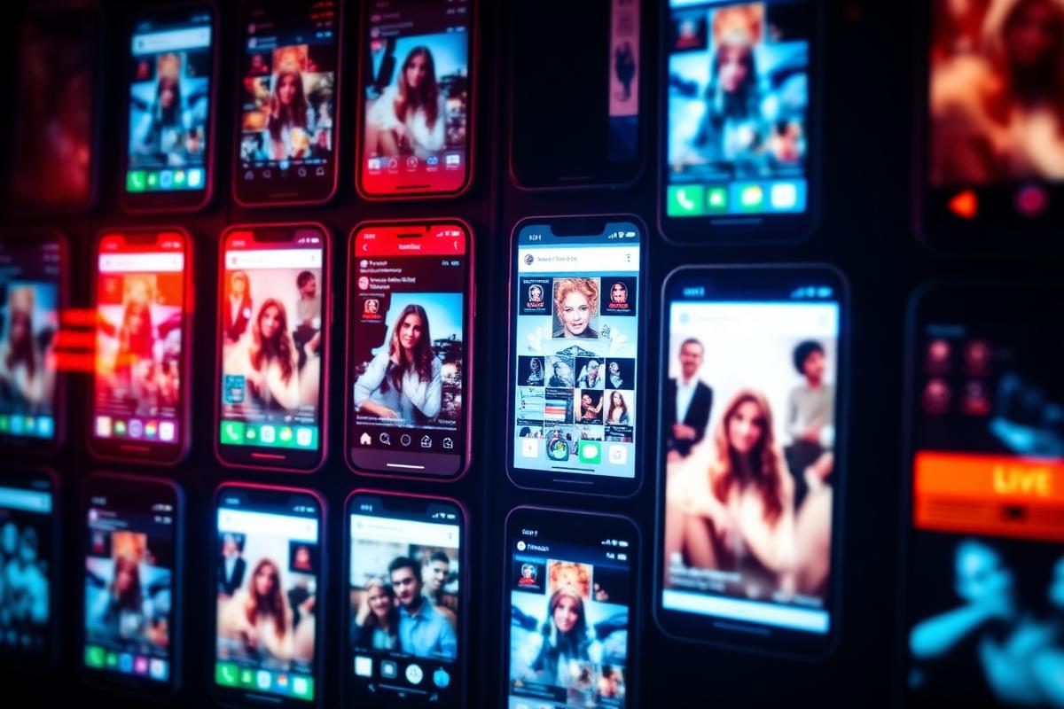Wall of phones running social feeds
